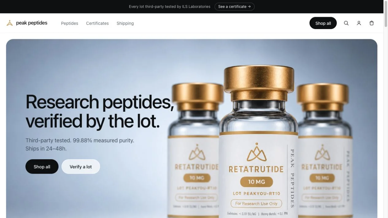 Peak Peptides website homepage preview